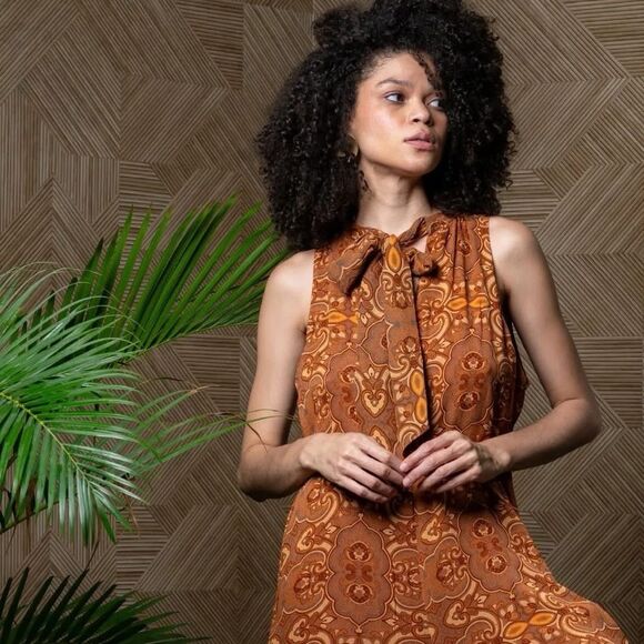 Ollari New York Jade Jumpsuit Brown Paisley Tie Neck Wide Leg - Medium - Picture 2 of 8